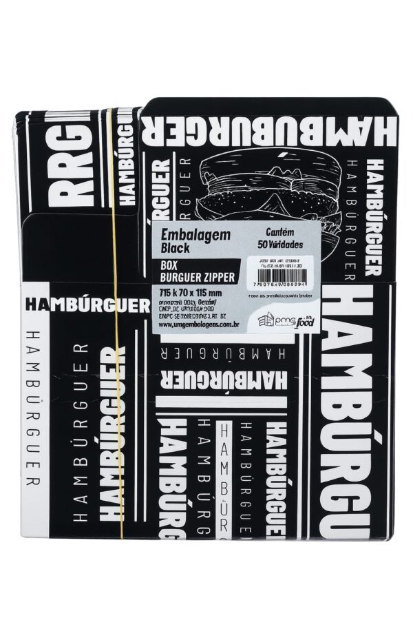 Embalagem Preta Hambúrguer Box Zipper Embalagem Preta Hambúrguer Box Zipper 115x70 (50 Unidades)